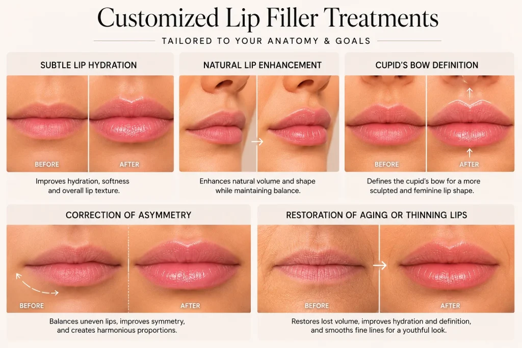 Customized lip filler before and after results showing hydration, Cupid’s bow definition, asymmetry correction, and restoration of thinning lips