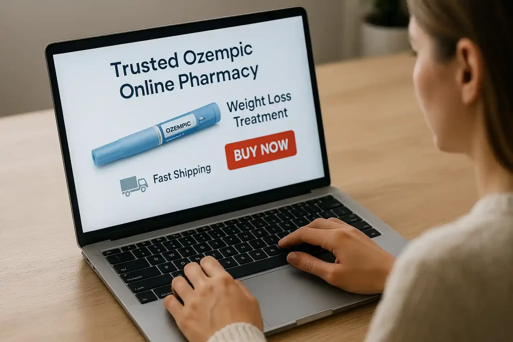 Woman browsing trusted online pharmacy to buy Ozempic for safe and effective weight loss in 2025
