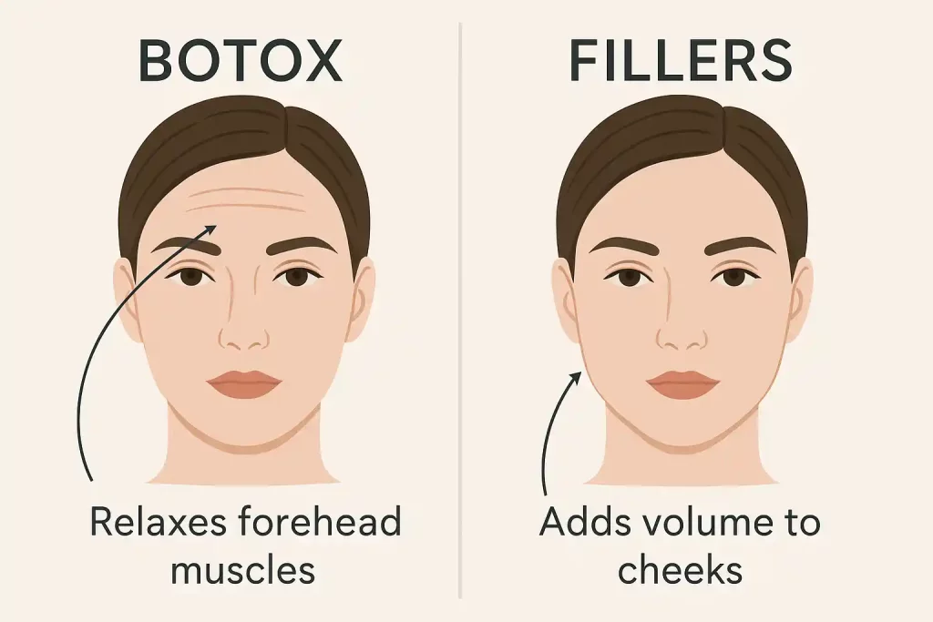 Side-by-side illustration showing Botox relaxing forehead muscles and fillers adding volume to cheeks on a woman's face.